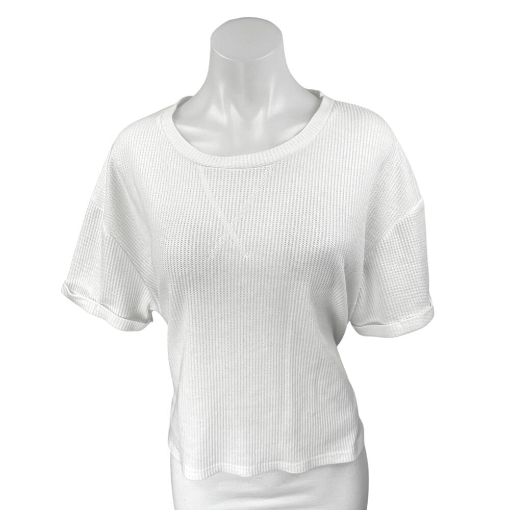 Araminta James Women's White Waffle Knit Short Sleeve Tee T-shirt Sweater Top 10